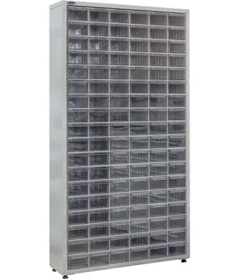 Zdjęcie produktu dla UHL-MASH Szafa warsztatowa OSM-15-108, 150x80x23cm, z kuwetami plastikowymi, 108 pojemników/szufladek, do garażu, na śruby i drobne przedmioty