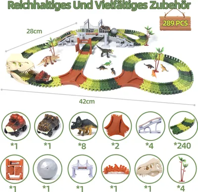 Produktbild von 289 Stück Rennstrecke Dinosaurier Spielzeuge Flexible Zugbahnen mit 8 Dinosaurier-Figuren,2 elektrische Rennauto-Fahrzeuge Spielset mit Lichtern Dinosaurier-Weltrennens für Kleinkinder,Kinder,Jungen