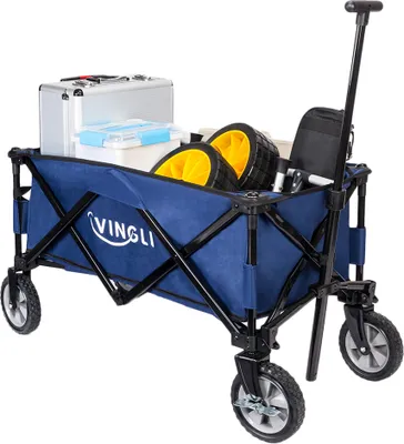 A blue foldable wagon filled with items, including a silver toolbox and yellow wheels, is shown against a white background.