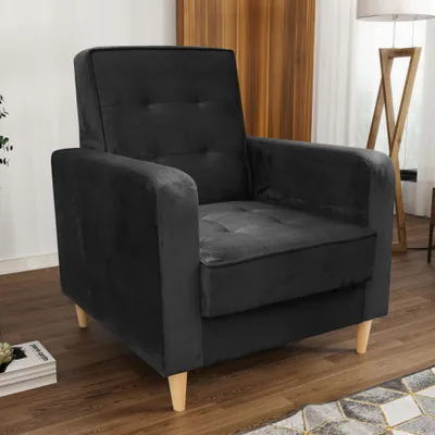 Produktbild von Sessel aus Velourstoff Bamako Loungesessel mit Holzbeine Polstersessel für Wohnzimmer, Stoff: kronos 07 - schwarz