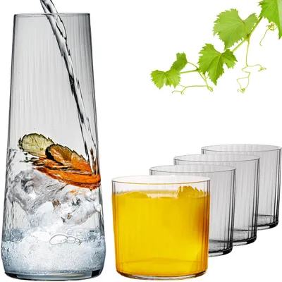 Produktbild von IMPERIAL Karaffe mit 4 Trinkgläsern - geriffelte Glaskaraffe 1240ml und Wassergläser 350ml aus Crystalline Glas "London" Spülmaschinengeeignet