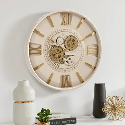 Produktbild von Moderne Wanduhr 60 cm mit beweglichen Zahnrädern  leises Quarzwerk Industrie-Design Uhr aus Metall & Glas dekorative Uhr für Wohnzimmer, Büro & mehr
