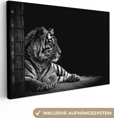 Produktbild von MuchoWow® - Leinwandbilder - Tiger - Tiere - Schwarz - Weiß, Wandbild, Wanddeko Bilder Wohnzimmer, 120x80cm