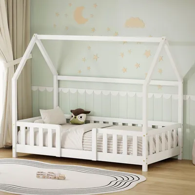 Obrázek produktu pro Dětská postel ML-Design 80 x 160 cm s ochrannou zábranou, stříškou a roštem, bílá Montessori postel z masivního borového dřeva, postel ve tvaru domečku pro holčičky a kluky