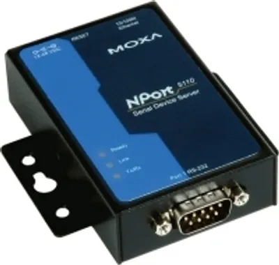 A product shot of a Moxa NPort 5110 serial device server with a mounting bracket.