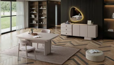 Image de Table à manger moderne avec chaises et commode avec miroir