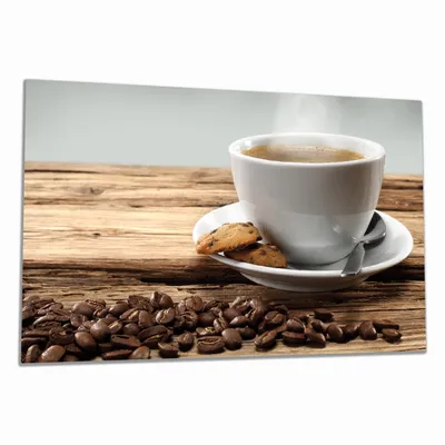 Produktbild von Wallario Herdabdeckplatte aus Glas, Größe 80 x 52 cm 1-teilig, Motiv Heiße Tasse Kaffee mit Kaffeebohnen