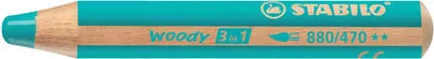 A close-up of a turquoise colored pencil with branding and product information printed on it.