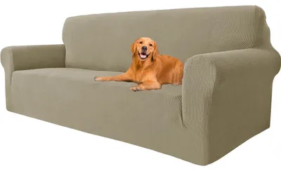Zdjęcie produktu dla Pokrowiec na sofę, 3-osobowy, kolor khaki, rozciągliwy (180-230 cm), antypoślizgowy, można prać