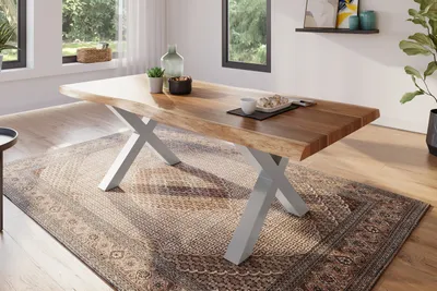 Produktbild von Esstisch 200 x 100 cm Akazie massiv natur Baumkantentisch X-Gestell silber ATLAS
