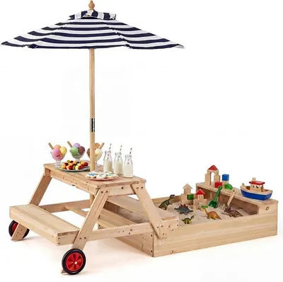 Imagen del producto de Juego de mesa de picnic infantil 2 en 1 con arenero, conjunto de asientos infantiles con bancos, sombrilla desmontable y tapa. Juego de mobiliario infantil de madera con arenero, muebles infantiles para exteriores, ideales para niños de 3 a 5 años