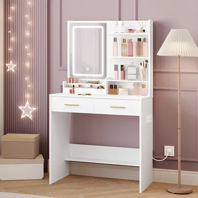 Obrázek produktu pro Kosmetický stolek - Toaletní stolek - Stolek pro líčení - Krásnostní stolek - Stolek pro vizážistku - Bílá barva - Nastavitelné LED osvětlení