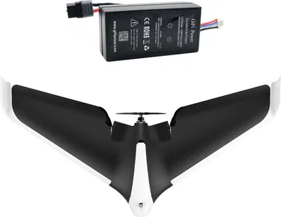 A drone and its battery are displayed against a white background.