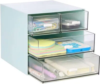 Zdjęcie produktu dla Organizer do kosmetyków i biurka Unyqoos®, 4 szuflady, wykonany z tworzywa PS z silikonowymi uchwytami, kompaktowy rozmiar: 16,7 x 15,5 x 14,5 cm, kolor niebieski