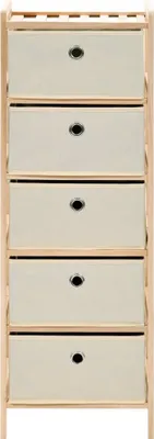 A front view of a five-drawer storage unit made of wood and fabric.