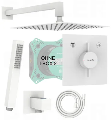 A collage of shower system components, including a showerhead, hand shower, control valve, hose, and mounting bracket, against a white background.
