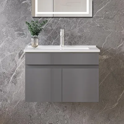 Produktbild von 60cm Dünn Keramik Waschtisch mit Unterschrank Badmöbel Set mit Türs Soft-close - Hochglanz Anthrazit