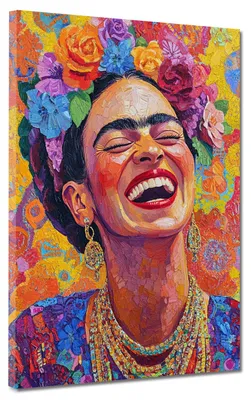 Produktbild von Strahlende Frida mit Blumen Pop Art bunt Leinwandbild Wandbild Wanddeko: 30x40x2cm