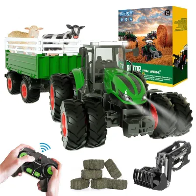 Produktbild von Ferngesteuerter Traktor Spielzeug ab 2 3 4 5 Jahre, Kuh, Schaf und Heuballen, Traktor mit Anhänger Spielzeug Traktor ferngesteuert ab 2-5 Jahre