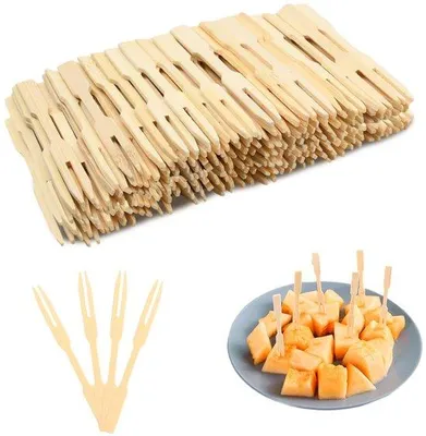 Produktbild von Bamboevorken für zwei Personen, zwei-tandige, holzwegwerfvorken für Festlichkeiten, Banketten, Catering, Buffet und tägliches Gebrauch