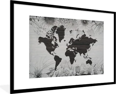 Produktbild von MuchoWow® MuchoWow® Gerahmtes Poster Weltkarte - Pflanzen - Blumen 90x60 cm - Poster mit zchwarzem Bilderrahmen - Wanddekoration - Fotos