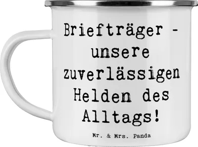 Produktbild von Mr. & Mrs. Panda Teetasse Spruch Briefträger Helden - Weiß - Geschenk, Teebecher, Emaille Tasse, herzliche Ideen, Outdoor, Danke sagen, tapfere, Aufmerksamkeit, Bedanken