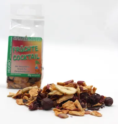 Produktbild von HUGRO HugroMinis Früchtecocktail 8 Spezialitäten | Ergänzungsfuttermittel für Nager| 100 % naturbelassene Früchtemischung ohne Zusätze