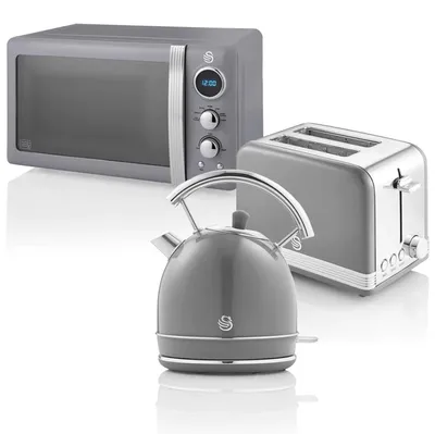 Frühstücksset mit Toaster, Wasserkocher 1,8 l und Mikrowelle 20 l, grau