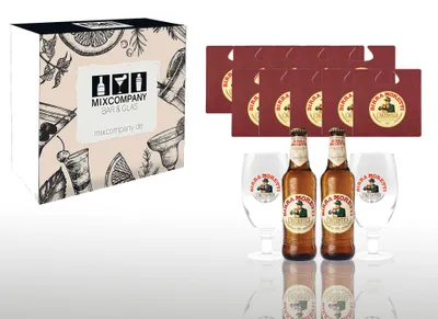 Produktbild von Moretti Geschenkset Birra Moretti Lautentica 2x 0,33L (4,6% Vol) + 2x Bierglas mit Eichung + 10x Bierdeckel italienisches Bier- [Enthält Sulfite]