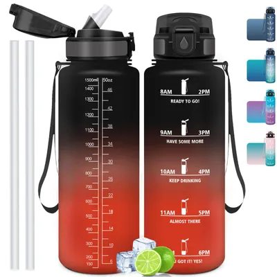 Produktbild von Trinkflasche 1500 ml Auslaufsicher BPA-frei Schwarz Rot Zeitmarkierung