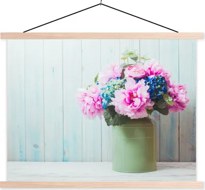 Produktbild von MuchoWow® Textilposter Blumen - Farben - Stilleben 120x90 cm mit holzfarbenen Rahmen - Magnetisch