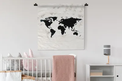 Produktbild von MuchoWow® Wandteppich Wandbehang Weltkarte - Schwarz - Holz 90x90 cm Tapisserie Dekoration Wandtuch - Wandaufhänger
