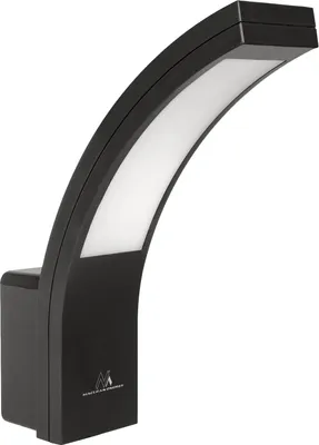 A black LED wall lamp with a curved illuminated panel, shown against a white background.