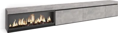 A long, low media console with a built-in electric fireplace.