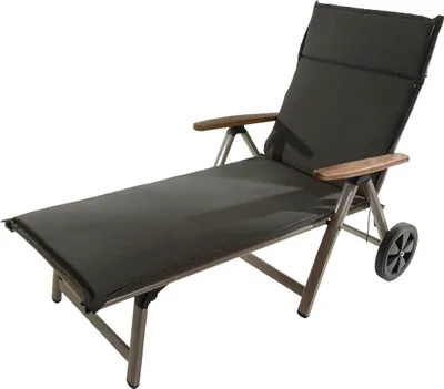 A gray chaise lounge with wooden armrests and black wheels, shown against a white background.