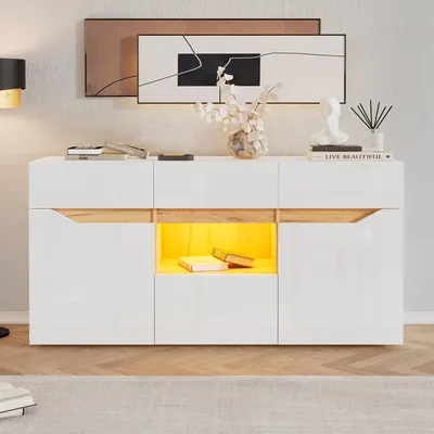 Immagine prodotto di Mobile bar per soggiorno con illuminazione a LED, dimensioni 140 x 40 x 70 cm, dotato di 4 cassetti, con ante in bianco lucido e decoro effetto legno