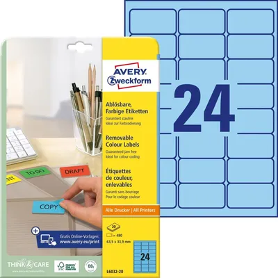 Obrázok produktu pre Avery Zweckform L6032-20 Farebné etikety, odnímateľné, A4, 63,5 x 33,9 mm, 20 listov/480 etikiet, modré