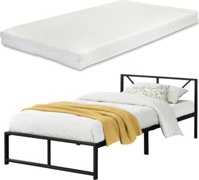Obrázok produktu pre Kovová posteľ 'Meran' s matracom Kovová posteľ Rám postele Jednolôžková posteľ 90 x 200 cm Oceľová čierna