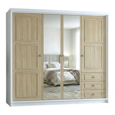 Produktbild von Geräumiger viertüriger Kleiderschrank OSLO mit Schubladen und Metallgriffen – modernes Design Farbe: Weiß | Sonoma