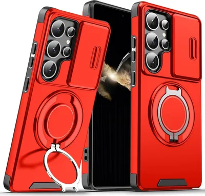 Obrázek produktu pro Dvouvrstvé pouzdro pro Samsung Galaxy S25 Ultra, s posuvným krytem fotoaparátu a magnetickým kroužkovým stojánkem Červený