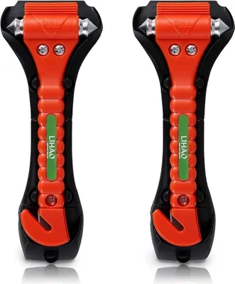 Two orange and black car safety hammers with seatbelt cutters and window breakers.