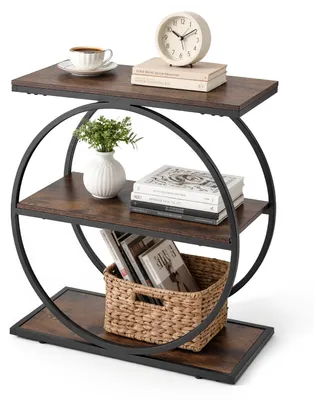Image de Table d'appoint/table de chevet - Table étroite à 3 niveaux - Compartiments ouverts - Structure métallique - Aspect bois - Pour le salon/la chambre à coucher/le bureau - Marron rustique