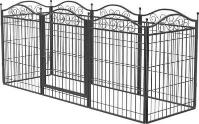A black metal pet playpen with a gate, shown from a slightly elevated side angle against a white background.