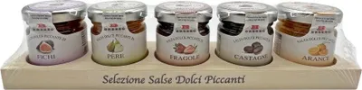 Produktbild von Darčeková súprava 5 slaných sladkých omáčok (Mostarde) na drevenom podstavci