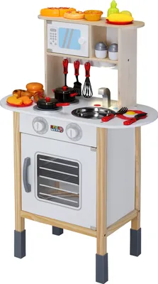 Produktbild von SPIELWERK® Kinder Küche Holz mit Sound Zubehör 35tlg Mikrowelle Backofen Abgerundete Kanten Höhenverstellbar  Kinderküche Spielküche Spielzeugküche
