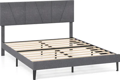 Immagine prodotto di COSTWAY Letto imbottito con rete a doghe e testiera regolabile in altezza in tessuto di lino, struttura letto in legno senza materasso grigio 160x200cm