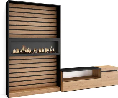 Produktbild von Wohnwand Wohnzimmer, 260x35x186cm, Für TV-Geräte bis zu 65", Elektrokamin XXL, Eiche und Schwarz