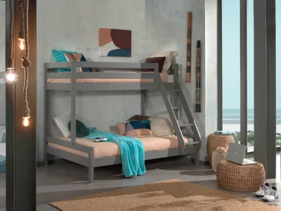 Image de Vipack Lit de famille Martin 90 x 200 et 140 x 200 cm, avec échelle en pin massif gris