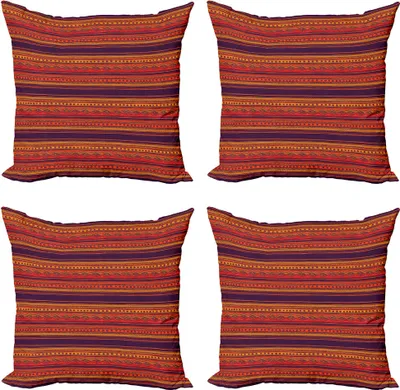 Produktbild von ABAKUHAUS Orange Kissenbezug Set (4 Stück), Abstrakte Ethno Doodle, Moderner Doppelseitiger Digitaldruck, 45 cm x 45 cm, Orange Rot Plum