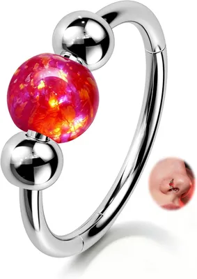 Imagen del producto de Piercing para la nariz, acero inoxidable, con incrustación de ópalo rojo rubí, calibre 20G, disponible en medidas de 10mm y 8mm